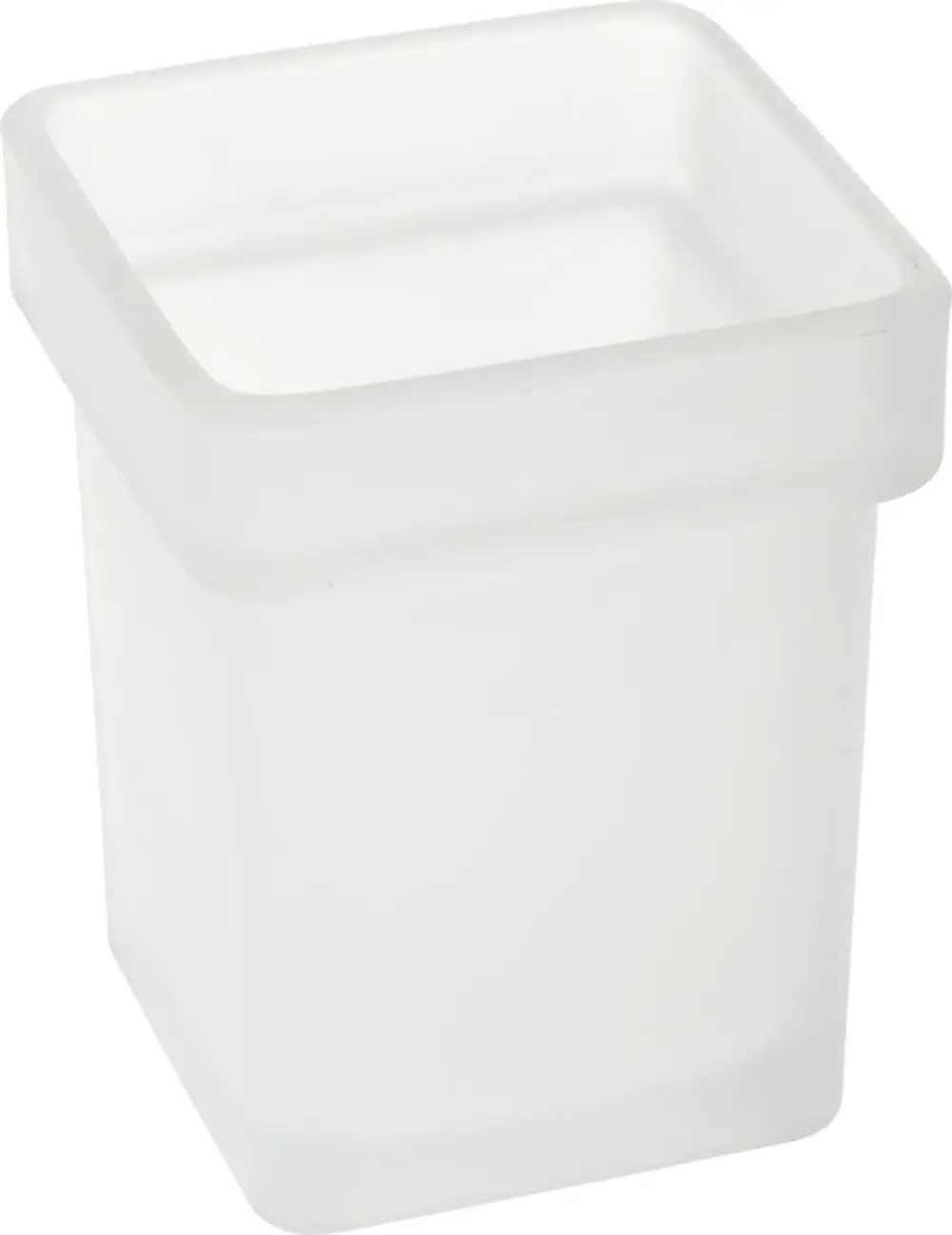 Frostig transparentes quadratisches Glas für die Aufbewahrung in Badezimmern, hergestellt von Ideal Standard, geeignet für WC-Bürstengarnituren.